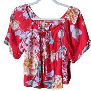 Cupcakes & Cashmere Wm Sz XS Red Hibiscus Floral Boho Off Shoulder Summer Blouse